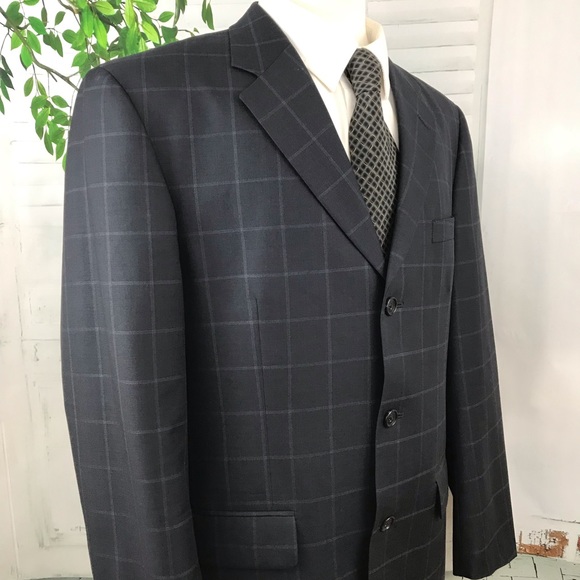 Tasso Elba 3-Button Wool Navy Plaid Sport Coat 40R - Picture 2 of 8